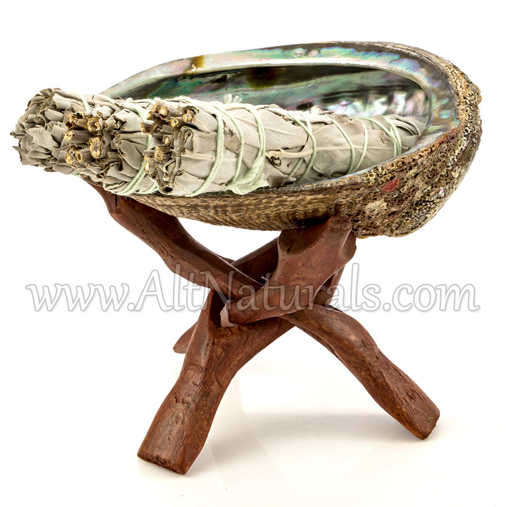 Abalone Shell with Stained Wooden Tripod Stand and 3 California White Sage Smudge Sticks