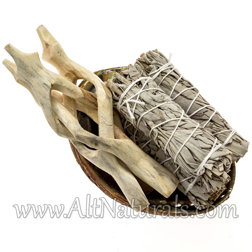 Abalone Shell with Natural Wooden Tripod Stand and 3 California White Sage Smudge Sticks