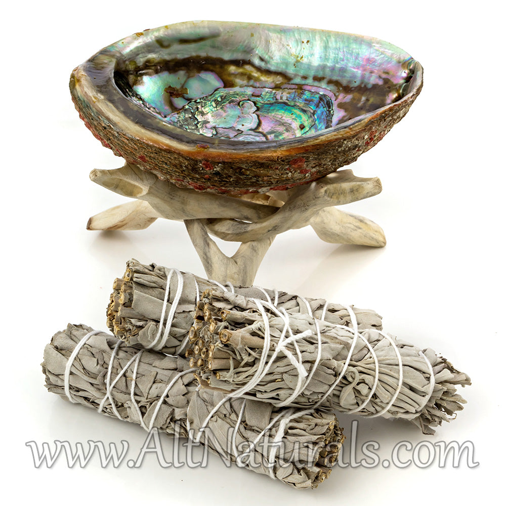 Abalone Shell with Natural Wooden Tripod Stand and 3 California White Sage Smudge Sticks